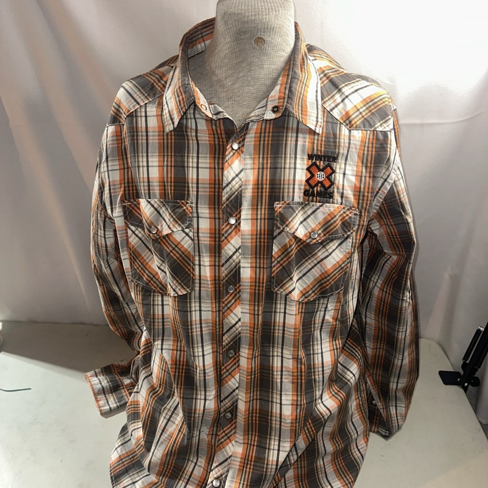 Old Navy Pearl Snap Winter Xgames Western Shirt Men's Plaid Long Sleeve Sz 2XL